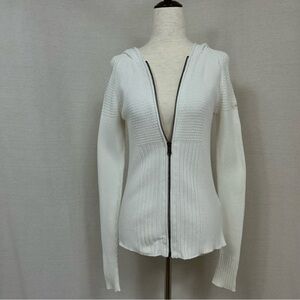 Calvin Klein Jeans Textured White Knit Hooded Zip Up Cardigan Sweater M